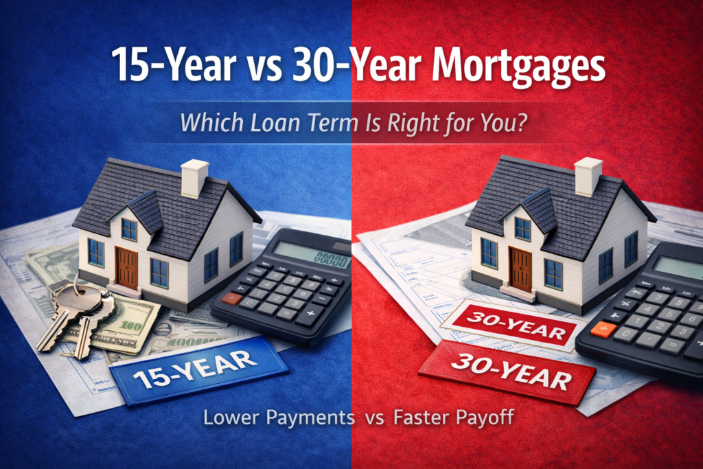 15 year vs 30 year mortgage comparison showing house calculator and financial planning concept