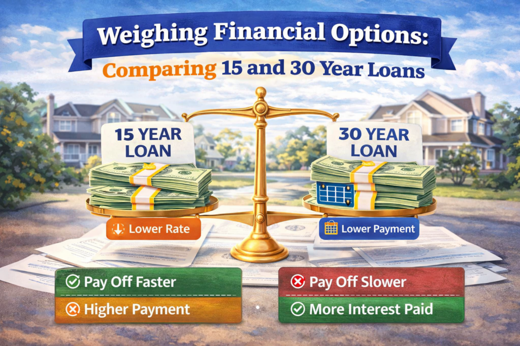 15 year vs 30 year mortgage comparison showing lower rates faster payoff versus lower monthly payments and longer loan term