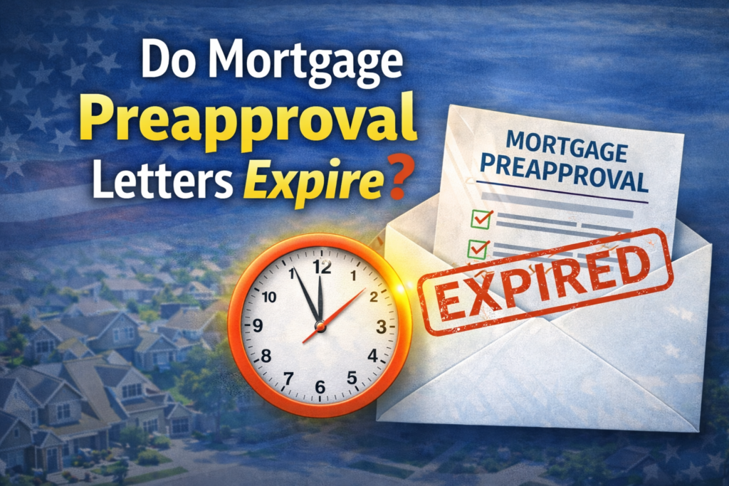 Graphic asking “Do Mortgage Preapproval Letters Expire?” featuring a mortgage preapproval document, red expired stamp, and clock symbolizing time limits.