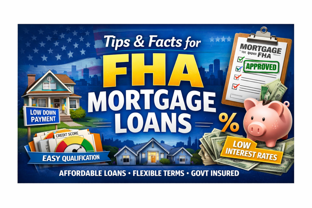 Graphic banner about FHA mortgage loans showing low down payment, easy qualification, approved application, credit score gauge, and affordable loan benefits.