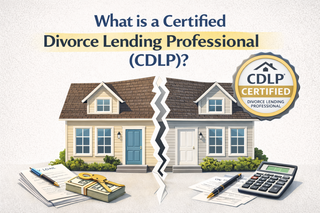 House split in half with financial documents and calculator under headline “What Is a Certified Divorce Lending Professional (CDLP)?”