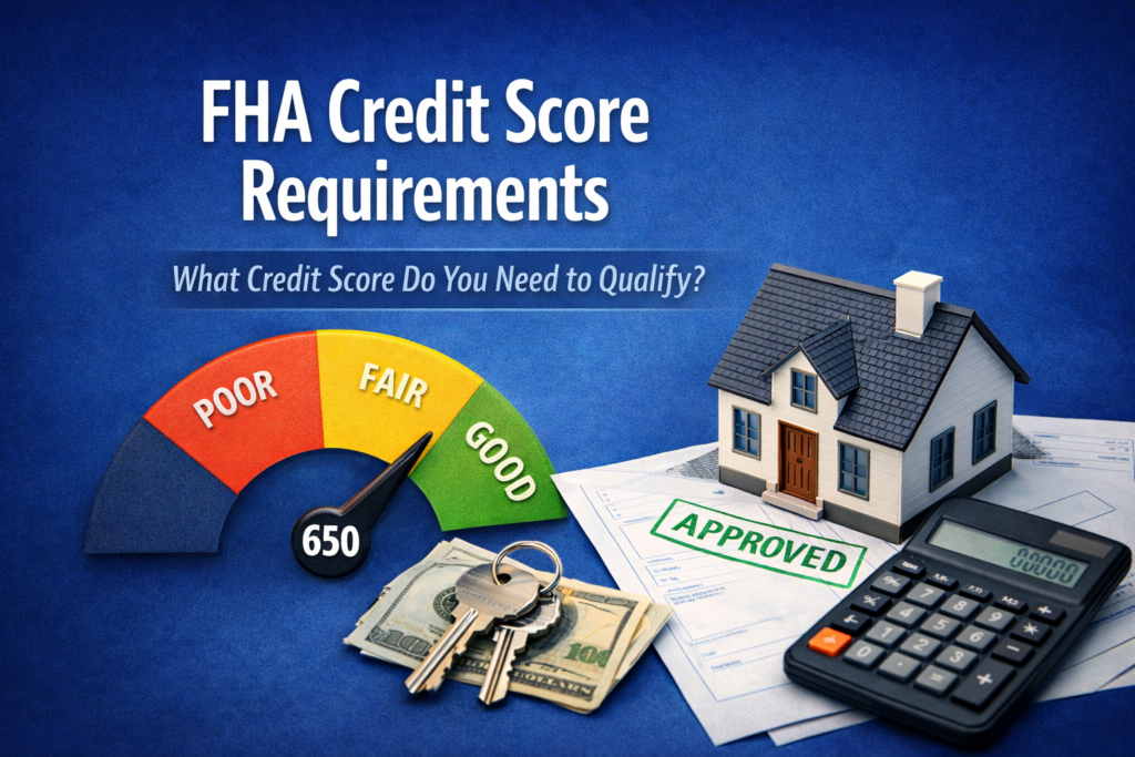 FHA credit score requirements for home loans with house model and calculator