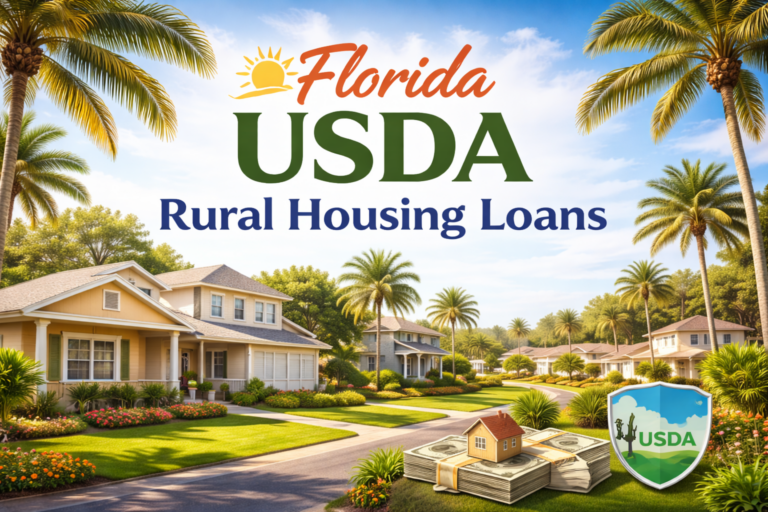 Florida rural neighborhood with palm trees and homes under a blue sky featuring headline “Florida USDA Rural Housing Loans."
