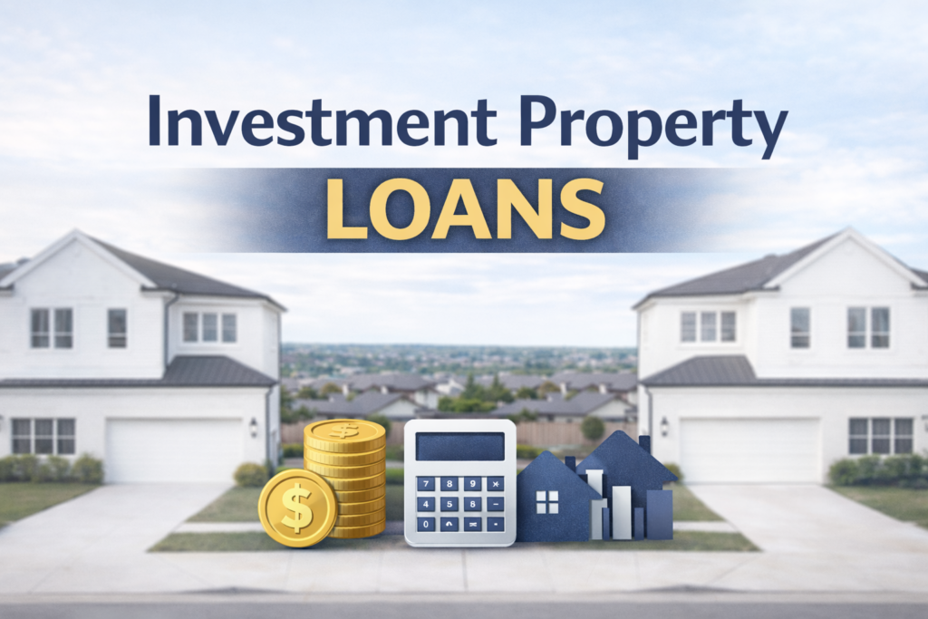 Modern suburban investment homes with graphic titled “Investment Property Loans” showing coins, calculator, and property icons.