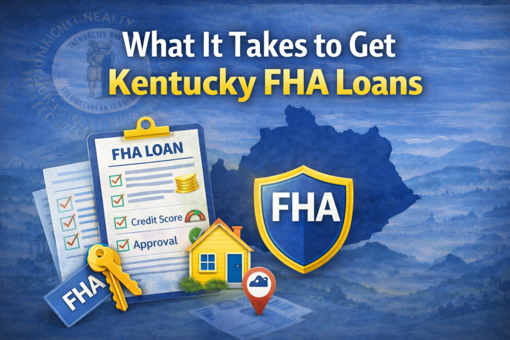 Banner titled “What It Takes to Get Kentucky FHA Loans” featuring Kentucky state outline, FHA shield badge, FHA loan checklist, house icon, and approval symbols.