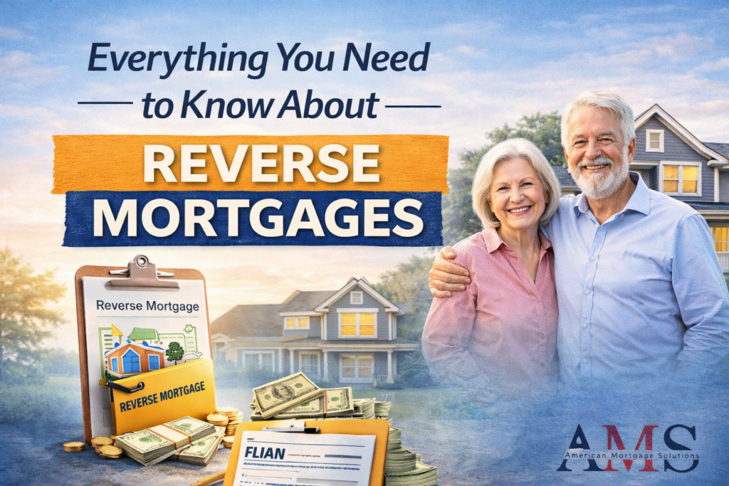 Senior couple standing in front of their home with reverse mortgage headline graphic explaining home equity access and retirement income options.