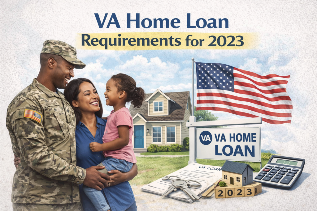Military family in front of home with American flag and VA Home Loan sign illustrating VA home loan requirements for 2023.