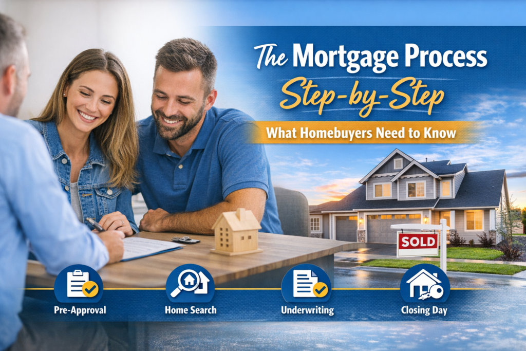 Mortgage process step-by-step showing pre-approval, home search, underwriting, and closing day for homebuyers in Cape Coral Florida and Louisville Kentucky