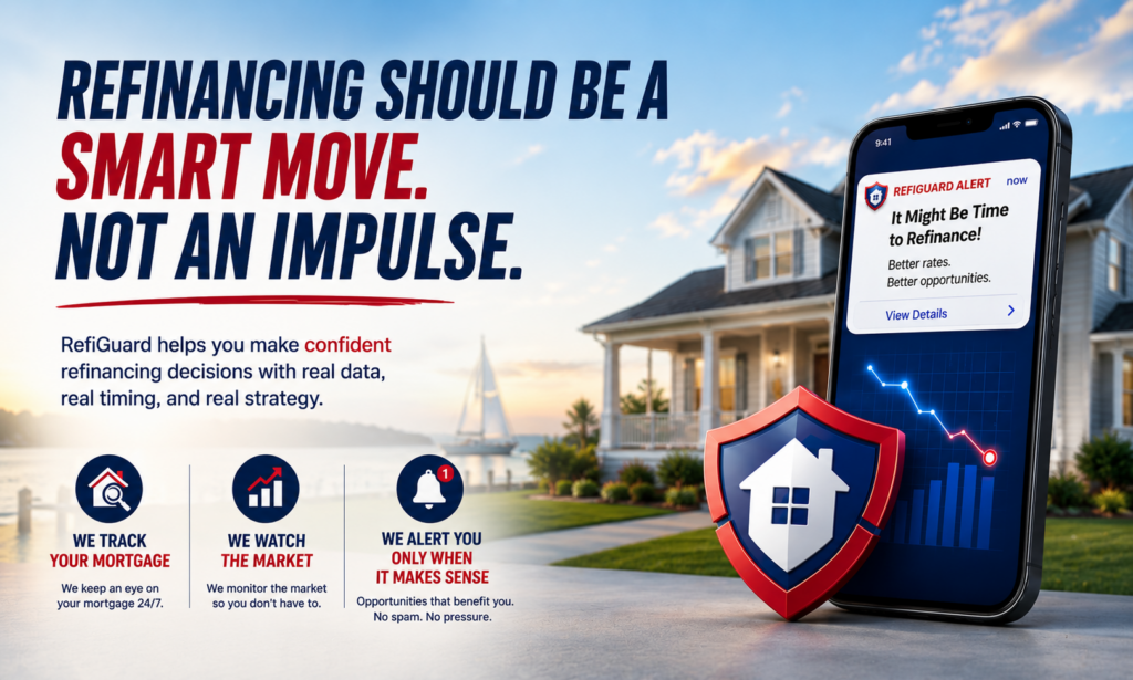 RefiGuard refinance strategy banner showing mortgage monitoring, market tracking, and smart refinancing decisions for homeowners.