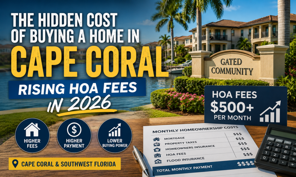 Graphic showing rising HOA fees in Cape Coral and Southwest Florida, highlighting how increasing homeowners association dues affect monthly mortgage payments and home affordability in 2026.