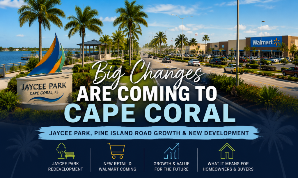 Cape Coral Florida development featuring Jaycee Park redevelopment, Pine Island Road growth, new retail development, and future Southwest Florida expansion.