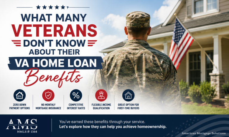 Veteran standing in front of a home with an American flag, highlighting VA home loan benefits including zero down payment, no mortgage insurance, and competitive interest rates.