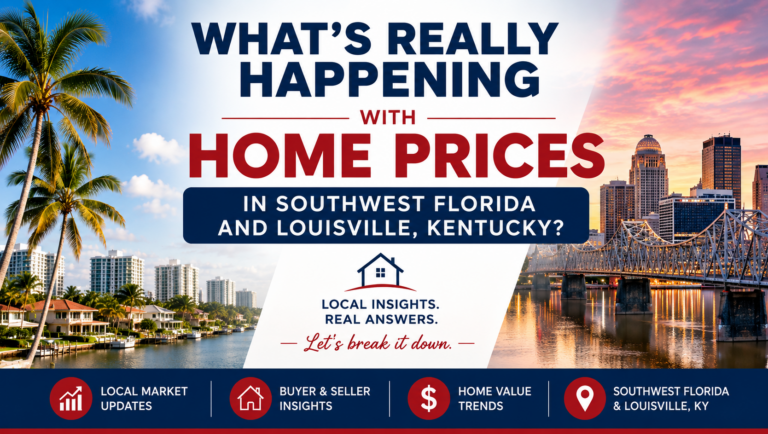 Housing market update comparing home price trends in Southwest Florida and Louisville, Kentucky, featuring waterfront homes, the Louisville skyline, and rising real estate values.