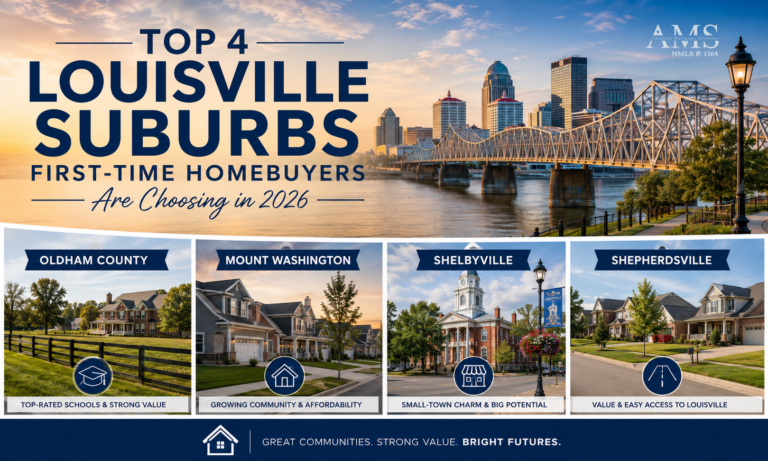 Infographic highlighting the top Louisville suburbs for first-time homebuyers in 2026, including Oldham County, Mount Washington, Shelbyville, and Shepherdsville, Kentucky.