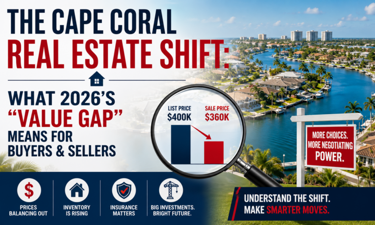 Cape Coral real estate market update showing 2026 home price trends, rising inventory, buyer negotiation opportunities, and the value gap between list prices and sale prices.
