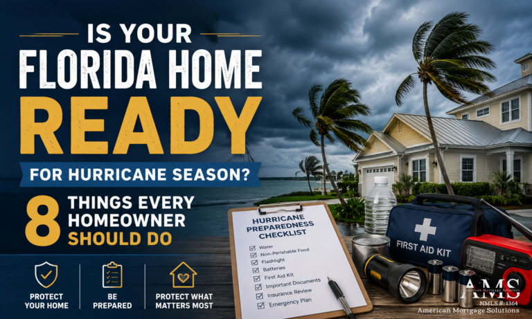 A Florida waterfront home under dark hurricane clouds with emergency preparedness supplies, including a flashlight, first aid kit, bottled water, batteries, and a hurricane preparedness checklist, illustrating hurricane season readiness for homeowners.