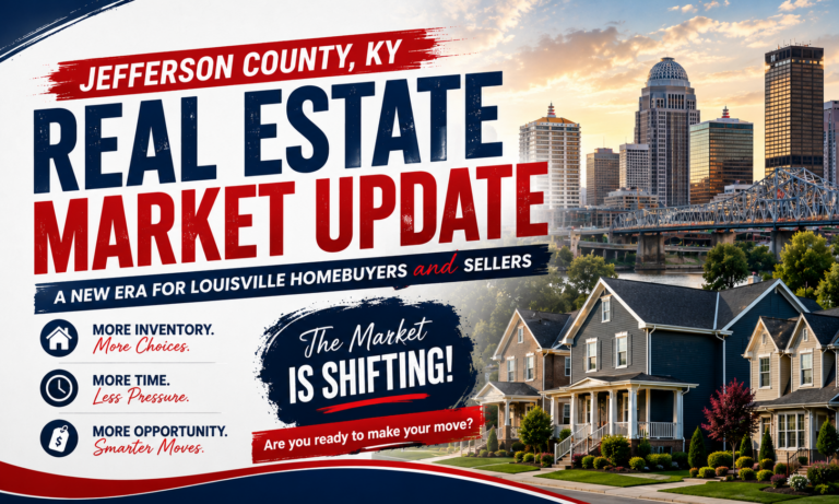 Jefferson County, Kentucky real estate market update featuring the Louisville skyline and residential homes, highlighting the shift toward a more balanced housing market with increased inventory and new opportunities for buyers and sellers.