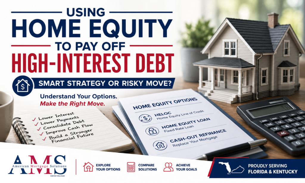 Home equity concept showing a house, calculator, and financial documents illustrating how homeowners can use a HELOC, home equity loan, or cash-out refinance to pay off high-interest debt.