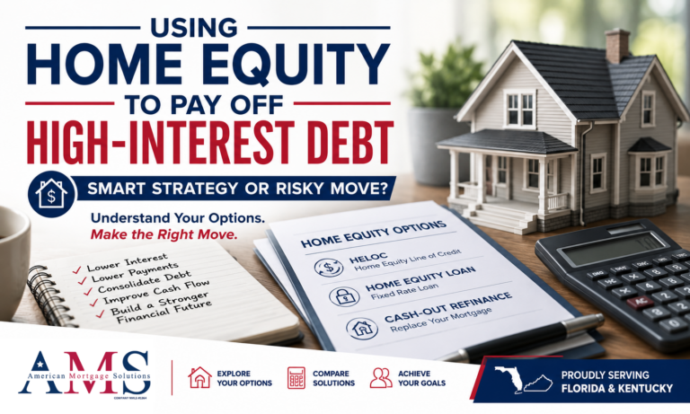 Home equity concept showing a house, calculator, and financial documents illustrating how homeowners can use a HELOC, home equity loan, or cash-out refinance to pay off high-interest debt.