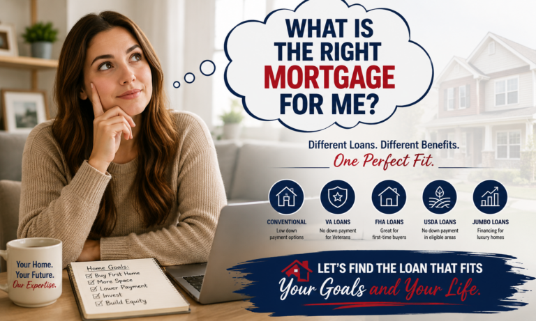 A woman compares home loan options while asking, "What is the right mortgage for me?" The image highlights Conventional, VA, FHA, USDA, and Jumbo loan programs for homebuyers in Florida.