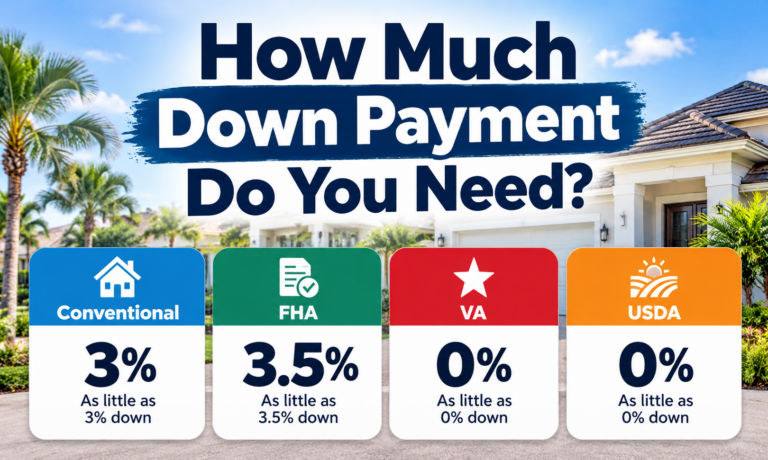 Down payment comparison for Conventional, FHA, VA and USDA home loans