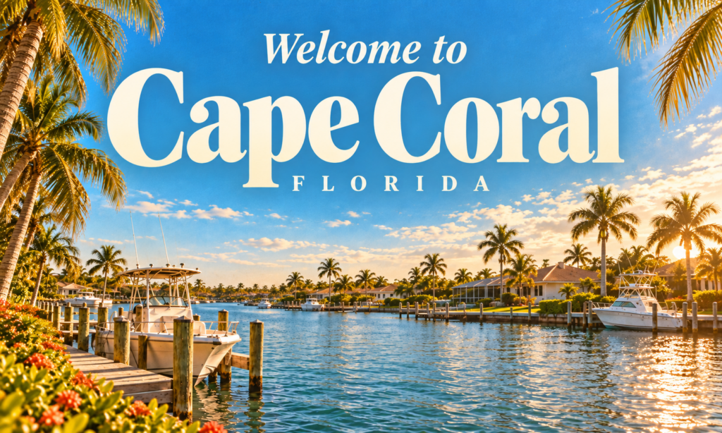A nostalgic waterfront scene featuring palm trees, boats, and warm sunshine, inspired by Cape Coral’s coastal lifestyle.